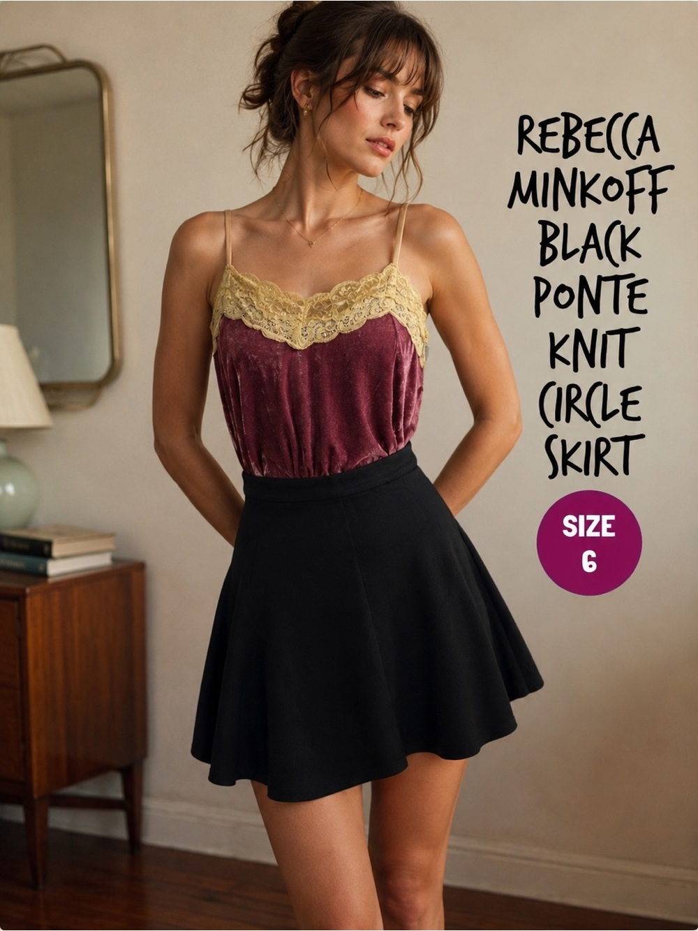 Rebecca Minkoff black ponte knit short circle skater mini skirt size 6 90’s y2k